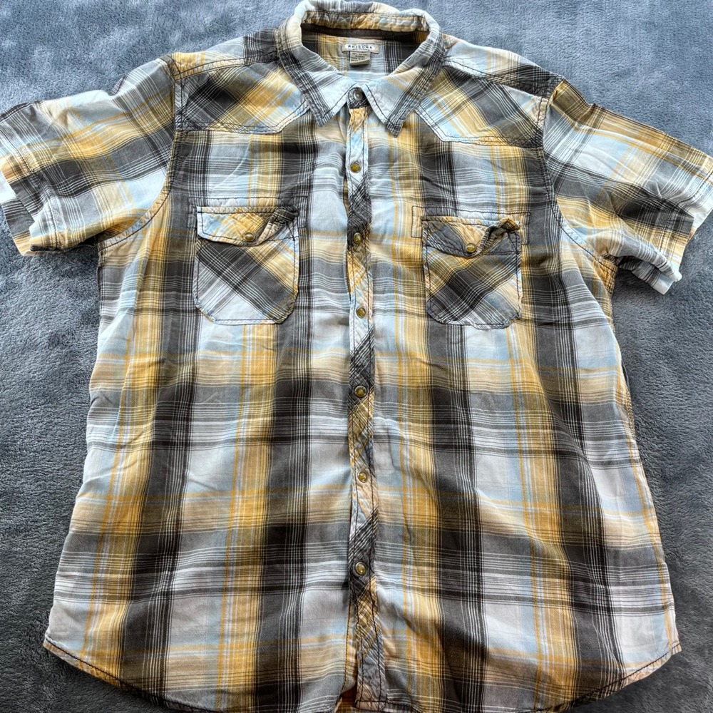 Arizona Jean Company Mens XL Yellow Black Plaid Graphic Back Western Snap Shirt